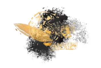 Tuinposter Black Art Watercolor flow blot with gold elements. Abstract texture color stain on white background. © Liliia