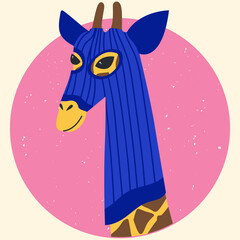 Fototapeta premium Funny giraffe wearing balaclava ski mask. Hipster mammal dressed as a robber with a colorful thief mask. Isolated print for T-shirt, poster, mug, and for cricut.