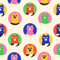 Seamless pattern with cats wearing a balaclava ski masks. Kittens of different colors dressed as robbers with a colourful thief mask. Creative print for fabric, wrapping, apparel, textile.
