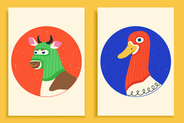 
Funny bull and duck or cow wearing balaclava ski masks. Hipster ox and goose dressed as robbers with colourful thief masks. Isolated print for T-shirt, poster, mug, and for cricut.