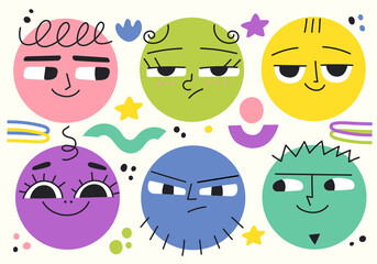 Set of round funny characters with various face emotions. Colorful modern vector illustration with shapes happy sad angry smiley faces for children.