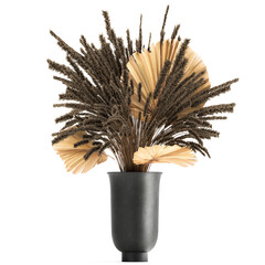 bouquet of dried flowers in a vase with reeds on a white background