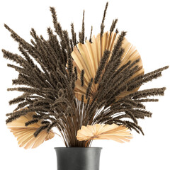 Decorative bouquet of dried flowers in a vase with reeds on a white background