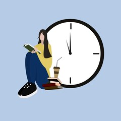 girl is sitting and reading a book, next to a stack of books and a glass of coffee. behind the large clock shows the time of rest and relaxation. Vector flat illustration