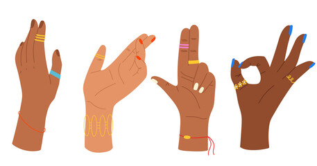 Obraz premium Hand drawn gestures. Isolated trendy illustration with fingers, wrists, palms. Colourful illustration with hands of different colours. Racial diversity and equality concept, various nationalities.