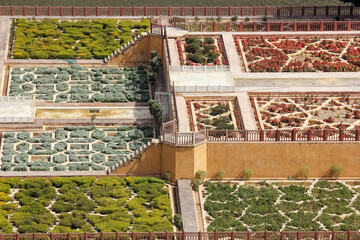 Aerial view of the Mughal gardens called Dil Aaram Bagh below the ancient Amer fort and palace in...