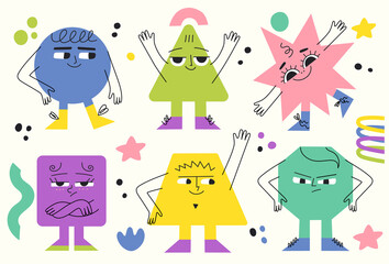 Colorful geometric basic shapes with different emotions. Funny characters. Modern various figures with happy sad angry smiley faces for children education.