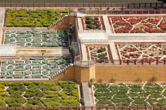 Aerial view of the Mughal gardens called Dil Aaram Bagh below the ancient Amer fort and palace in the city of Jaipur.