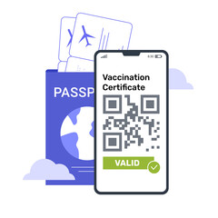 Smartphone with QR code.Validation vaccination against coronavirus infection certificate online. Passport and plane tickets. Safe travel. Vector flat illustration.