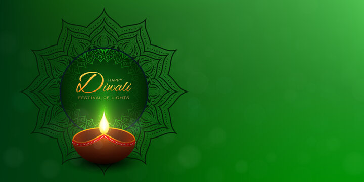 Happy Diwali green background with lighting diya lamp. Gold greeting text. Black mandala decoration. Twinkle candle in the dark.