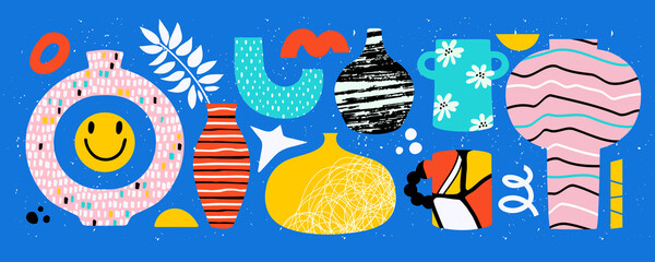 Trendy pottery and ceramic vases with abstract leaves and flowers. Colourful doodle shapes with texture, dots, and stripes. Hand drawn collection with vector jug, cup, vase, pot and plate.