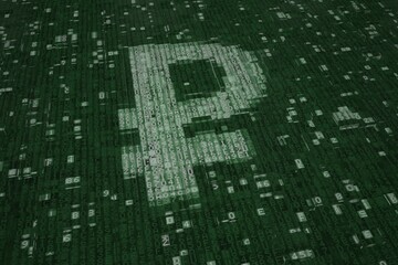 Ruble currency symbol consisting of digital blocks. Blockchain concept, 3D rendering