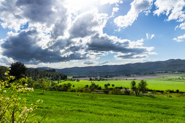 Green meadow in a day with white and gray clouds and sun rays.