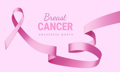 3d Illustration of Breast Cancer Awareness Ribbon on Pink Color Background. Beautiful Realistic Pink Ribbon with Curl and Text. Symbol of Breast Cancer Awareness Month Campaign