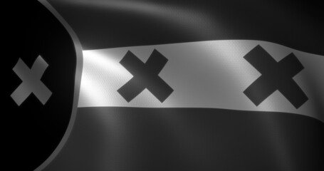 Black and white Lmanburg Flag, Dream SMP Flag with waving folds, L'manberg Flag  close up view, 3D rendering