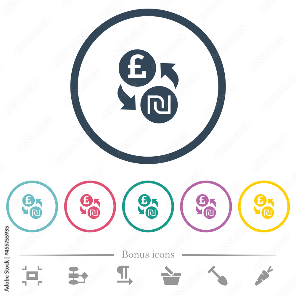 Sticker pound shekel money exchange flat color icons in round outlines