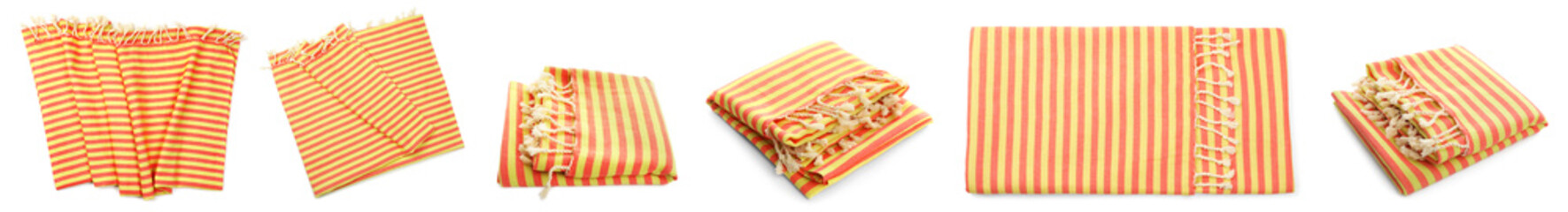 Set with striped beach towels on white background. Banner design
