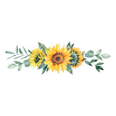 beautiful bouquet of flowers with sunflowers and eucalyptus, watercolor illustration, hand drawing, sketch.