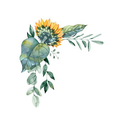 beautiful bouquet of flowers with sunflowers and eucalyptus, watercolor illustration, hand drawing, sketch.