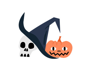Vector isolated illustration with scull, witch's hat and pumpkin. Halloween jack o lantern.