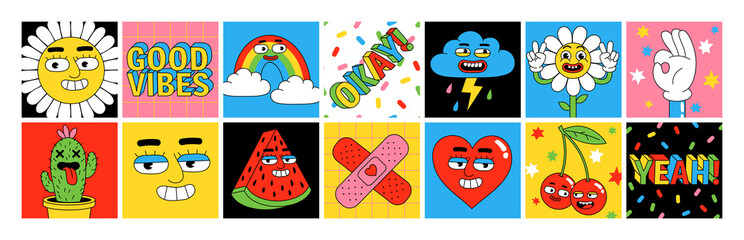 Funny cartoon characters. Sticker pack, square posters, prints in trendy retro cartoon style.