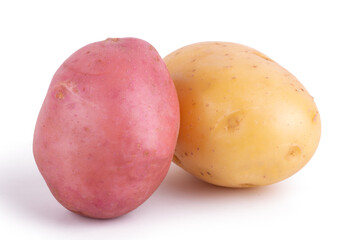 Close up of yellow and red potatoes isolated on white background close up