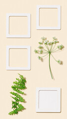 Minimal background with wild flower and pink paper sticky for notes or messages, empty blank small papers for text reminders