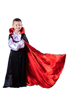 Portrait of a baby dracula wearing a red and black dress, die-cut png with path line