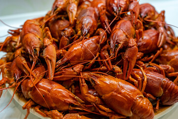 Close up of delicious red boiled crawfish/crayfish