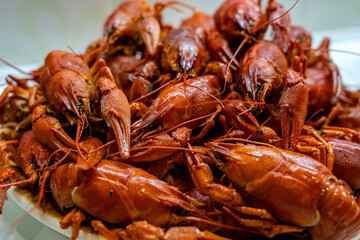 Close up of delicious red boiled crawfish/crayfish