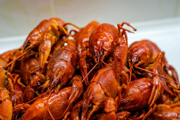 Close up of delicious red boiled crawfish/crayfish