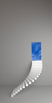 3d rendering, stairway to the sky. Abstract white stairway go up to the door, way to heaven or paradise, realistic mock up