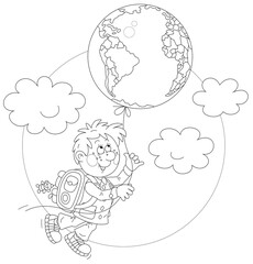 Cheerful schoolboy with a flying balloon in a form of a globe, black and white outline vector cartoon illustration for a coloring book page