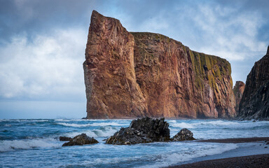 Percé Rock natural wonder and tourist attraction in Quebec, Canada.