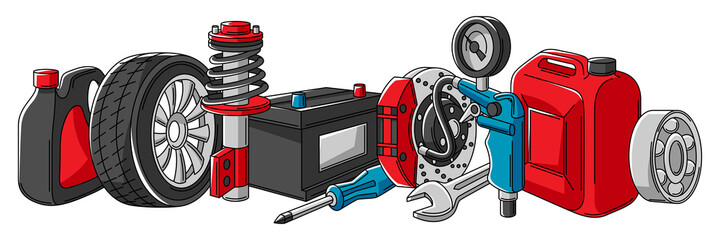 Car service illustration. Auto center repair concept for advertising with transport items.