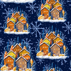 Seamless pattern on the theme of Christmas and winter, holiday, snow-covered houses drawn in digital style, small cute houses with snowflakes for a gift or decor on a dark background