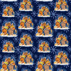 Seamless pattern on the theme of Christmas and winter, holiday, snow-covered houses drawn in digital style, small cute houses with snowflakes for a gift or decor on a dark background