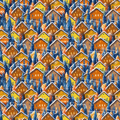 Seamless pattern on the theme of Christmas and winter, holiday, snow-covered houses drawn in digital style, small cute houses with snowflakes for a gift or decor