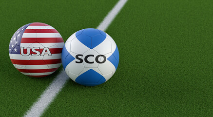 Scotland vs. USA Soccer Match - Leather balls in Scotland and USA national colors. 3D Rendering