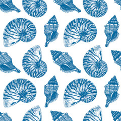 Hand drawn Marine outline seamless pattern. Atlantic Blue ink drawing Seashell and Nautilus Shell. Underwater animal engraving. Sea life background for fashion print, textile, fabric, wrapping paper