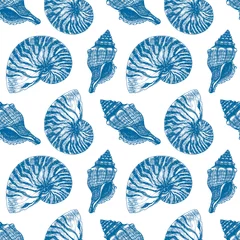 Papier Peint photo Mer Modèle sans couture de contour marin dessiné à la main. Dessin à l& 39 encre bleu atlantique Seashell et Nautilus Shell. Gravure d& 39 animaux sous-marins. Fond de vie marine pour l& 39 impression de mode, le textile, le tissu, le papier d& 39 emballage