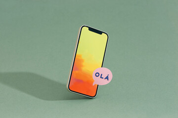 OLÁ text in a speech bubble with a smartphone