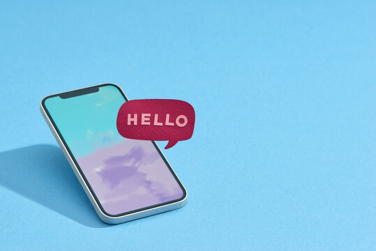 Hello text in a speech bubble with a smartphone