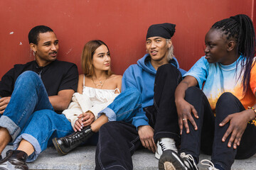 Content cool friends together in city