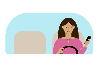 Illustration of a woman with one hand controls a car and a mobile phone in the other hand