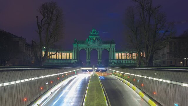 Brussels, Belgium at Arcade du Cinquantenaire on a rainy morning.