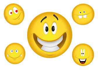 Cheerful emoticons. Smiling yellow faces set. Vector illustration