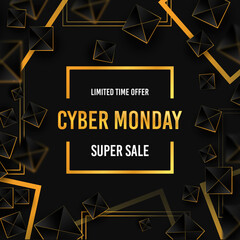 Cyber Monday luxury golden glow ad banner. Discount banner. Abstract vector illustration. 