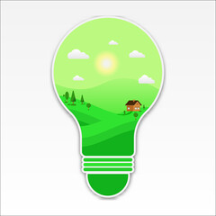 landscape illustration natural scenery inside a light bulb, scenery, bulb, idea, green scenery, Art & Illustration