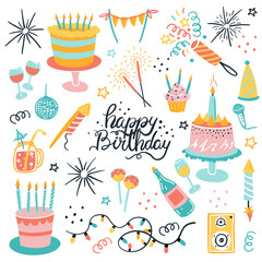 Vector set for your birthday. Elements in the cartoon style. Firecrackers, cakes, a bottle of champagne, glasses, cocktails, sparklers. Pastel colors